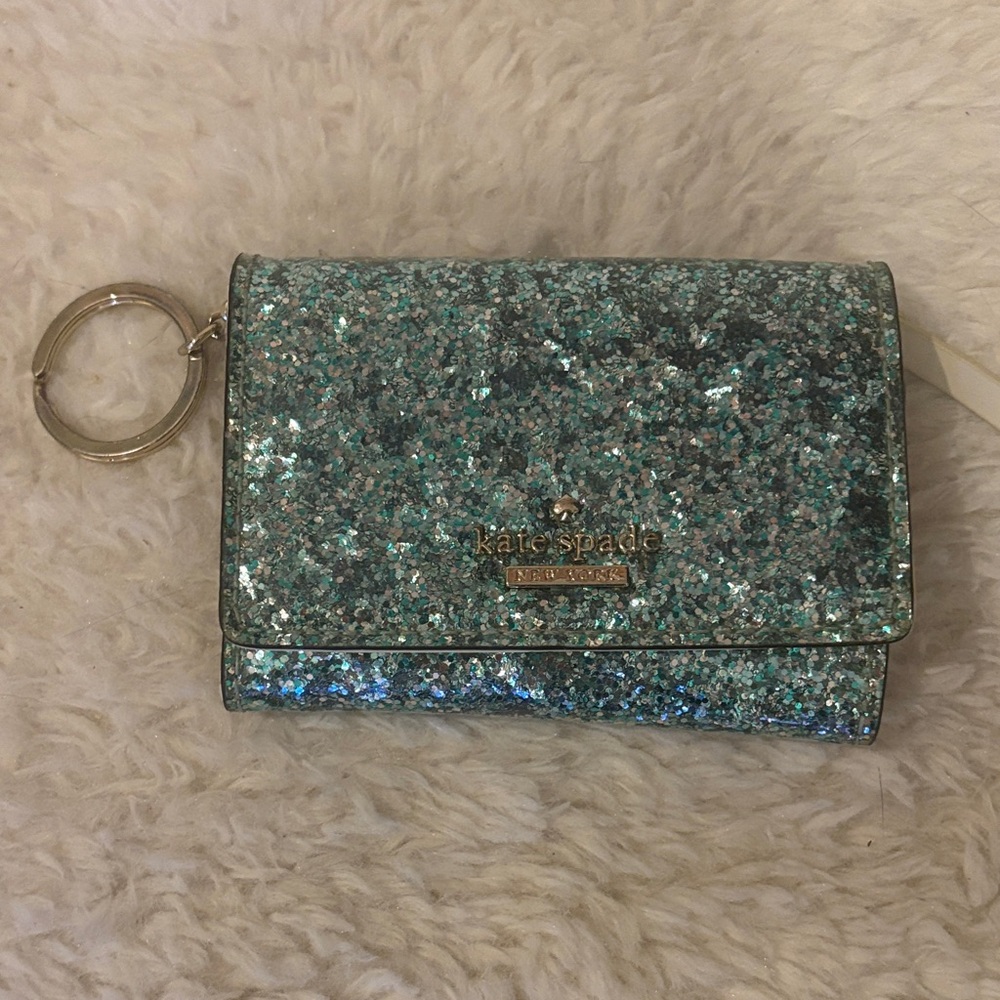 Kate Soade aqua glitter wallet w/ ID window & keyring